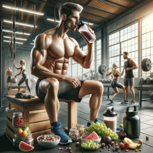 Atleet drinkt proteïneshake na training met gezonde snacks in sporttas.